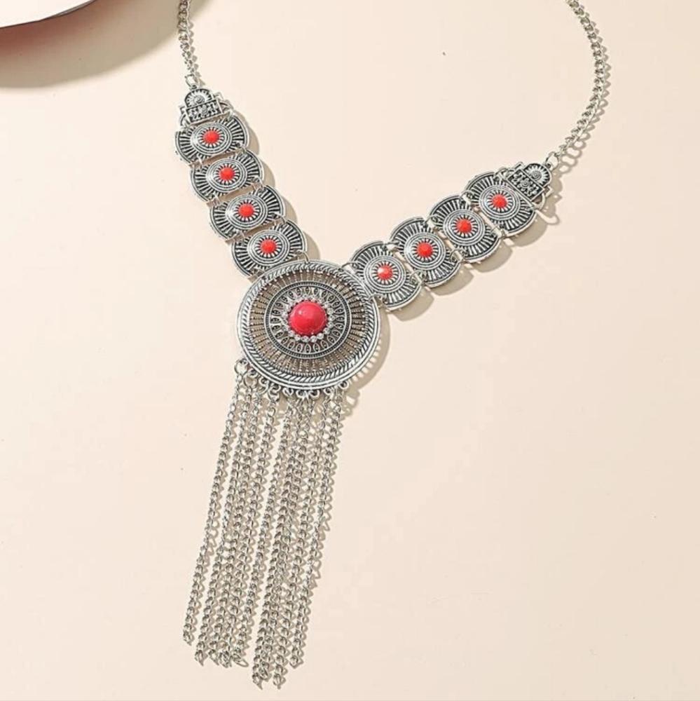 Large silver fringe necklace Red Beaded rhinestone Western boho Statement Piece